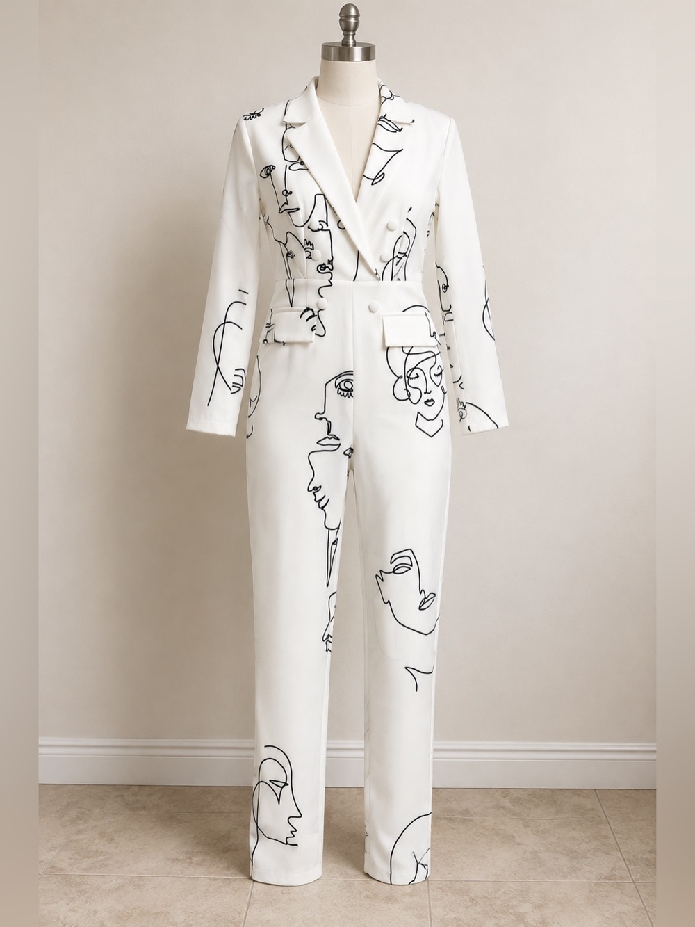 White Abstract Line-Print Tailored Jumpsuit